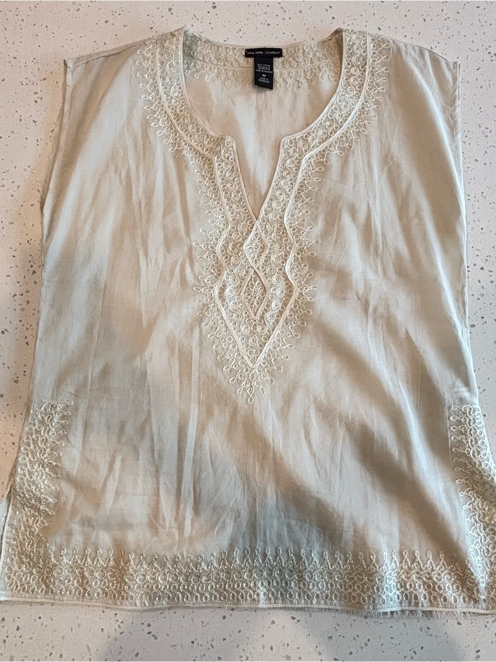 New York & Company Cream Embroidered V-Neck Tunic